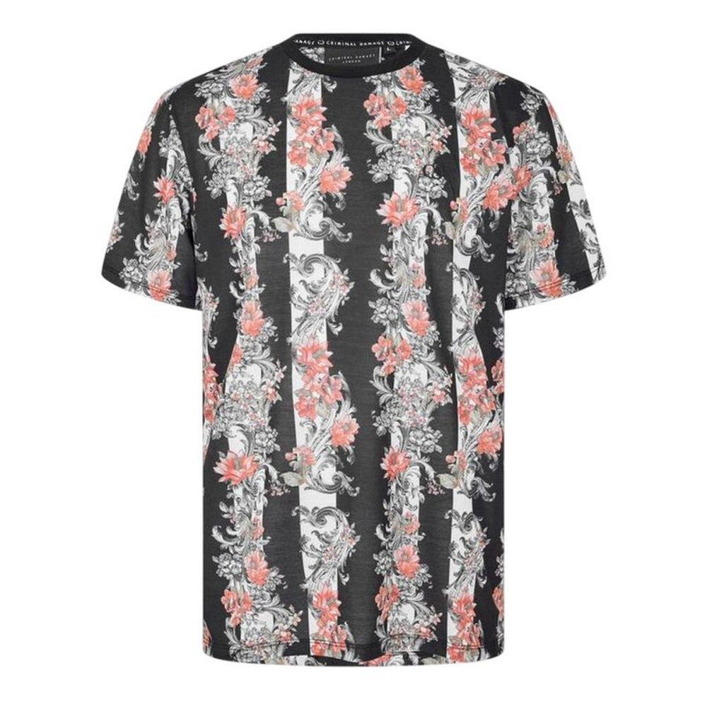 Criminal Damage Mens Chalky Floral Stripe T-Shirt / Black